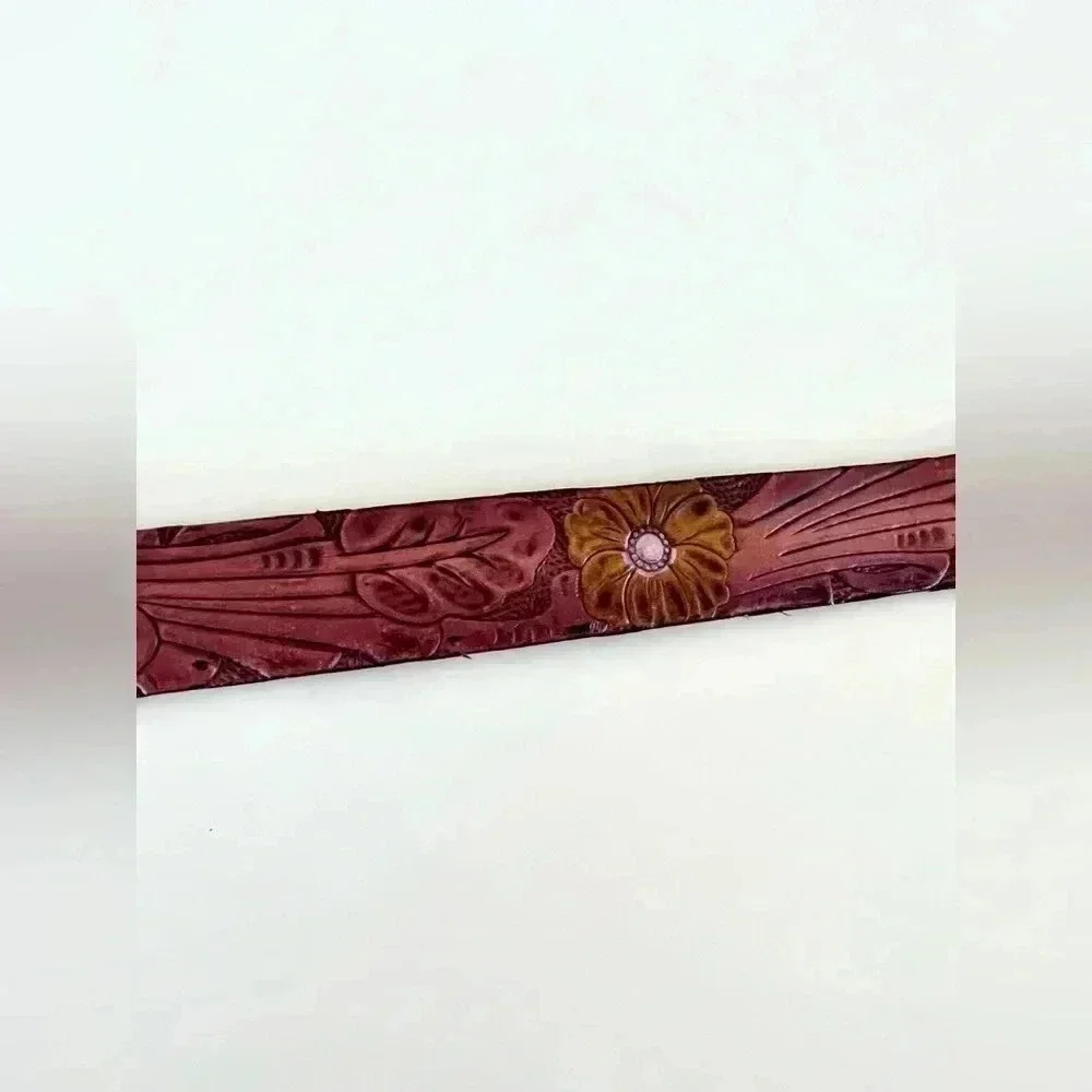 Tooled Leather Floral Belt with Purple‎ and Yellow Flowers Size 38